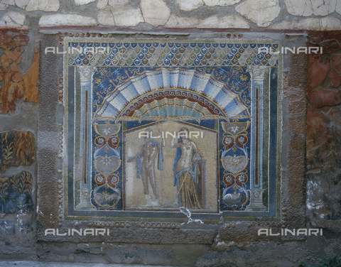 AGC-F-000228-0000 - Mosaic with Amphitrite on the right and Neptune on the left. All around floral and geometric ornaments. The mosaic decorates the back of a summer triclinium in the atrium of the house of Neptune and Amphitrite in Herculaneum - Date of photography: 1989 - Reproduced with the permission of Ministero della Cultura / Alinari Archives, Florence