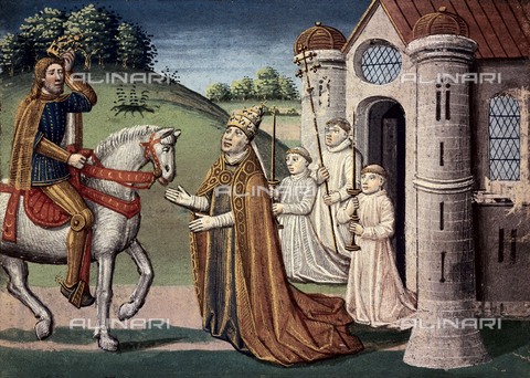 AIS-F-PTU614-0000 - The meeting between Pope Adrian I and the Emperor Charlemagne, miniature taken from "The Great Chronicles of France" ("Grandes Chroniques de France") by Jean Fouquet (1420-1477 / 1481), edition of Antoine Verard, National Library, Turin - Iberfoto/Alinari Archives