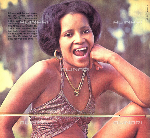 APN-F-116320-0000 - 22APR1975 - April Girl - Bikinis will be put away for the winter soon, so our Drum cameraman got in quickly to give you our lovely April girl Rita Nhlapo from Orlando. She's not married, but bad luck chaps, there are no thoughts of marraige yet. Her life - Baileys African History Archive / Africamediaonline/Archivi Alinari, Firenze