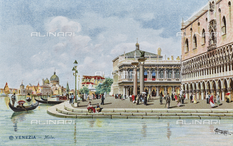 AVQ-A-003227-0087 - "Venezia - Molo", sulla destra Palazzo Ducale, disegno di Carlo Menegazzi (1856-1920), cartolina, stampa a colori - Data dello scatto: 1900-1910 - Archivi Alinari, Firenze