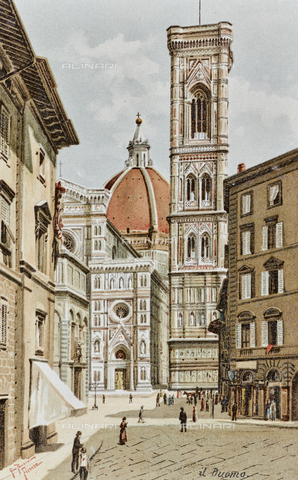 AVQ-A-003227-0107 - Veduta di Firenze da via de' Pecori, disegno di Gino Panerai, ispirato da una foto Alinari, stampa a colori - Data dello scatto: 1900-1910 - Archivi Alinari, Firenze