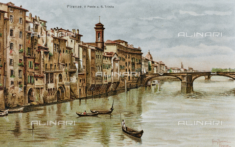 AVQ-A-003227-0112 - "Firenze - Ponte Santa Trinita", disegno di Gino Panerai, cartolina, stampa a colori - Data dello scatto: 1900-1910 - Archivi Alinari, Firenze