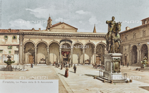 AVQ-A-003227-0113 - "Firenze - La Piazza della S.S. Annunziata", disegno di Gino Panerai, cartolina, stampa a colori - Data dello scatto: 1900-1910 - Archivi Alinari, Firenze