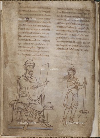 BLB-S-00C120-1609 - A doctor and an assistant prepare medicines, miniature taken from a volume of medical miscellanea of the twelfth century, British Library, London - The British Library Board/Alinari Archives, Florence