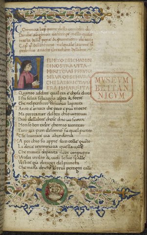 BLB-S-00C131-5130 - Manuscript with historiated initial in colors and gold depicting Dante Alighieri holding a book, Divine Comedy, Harley 3513 f.5, British Library, Italian production, 1450-1475 - The British Library Board/Alinari Archives, Florence