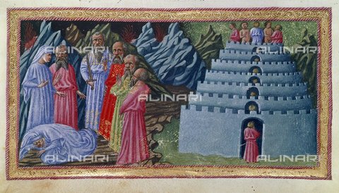 BLB-S-00C131-6221 - Miniature depicting Virgil introducing Dante to the poets of antiquity, Homer, Horace, Ovid and Lucan, Inferno - Limbo, canto IV, Divine Comedy, Yates Thompson 36, f.7v, British Library, Italian production, 1450ca - The British Library Board/Alinari Archives, Florence