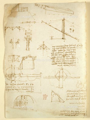 BLB-S-00C132-3112 - Drawings by Leonardo Da Vinici on on the mechanical powers and forces, percussion, gravity, motion, optics and astronomy, with various arithmetical and geometrical propositions, from 'Leonardo Da Vinci's rough Book of observations' of  Vinci, Arundel 263   ff.115v  112,  British Library, London - The British Library Board/Alinari Archives, Florence