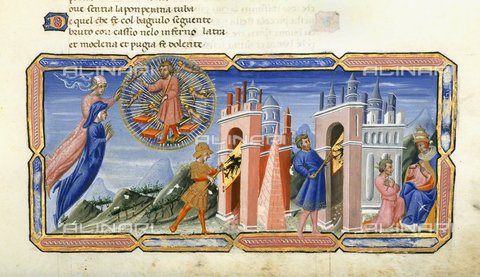 BLB-S-00C132-3216 - Miniature depicting Dante and Beatrice in front of Justinian, who tells the story of the Roman Empire, Paradiso - canto VI, Divine Comedy, Yates Thompson 36, f.139, Italian production (Sienese?), 1450ca - The British Library Board/Alinari Archives, Florence