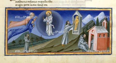 BLB-S-00C132-3219 - Miniature showing Dante and Beatrice in front of San Benedetto, Paradiso-canto XXII, Divine comedy, Yates Thompson 36, f.168, British Library, Italian production (Sienese?), C. 1450 - The British Library Board/Alinari Archives, Florence