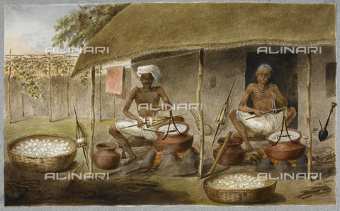 BLB-S-00F601-0704 - Two men sitting outside a hut drawing out the silk from cocoons, and winding it in spindles by boiling the cocoons in water, c. 1820, British Library, London - The British Library Board/Alinari Archives, Florence