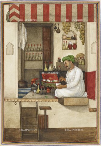 BLB-S-00K900-8673 - Man pouring liquid into a bowl, image taken from "Tashrih al-aqvam, the story of the origins of some caste and tribe of India" (1825), British Library, London - The British Library Board/Alinari Archives, Florence