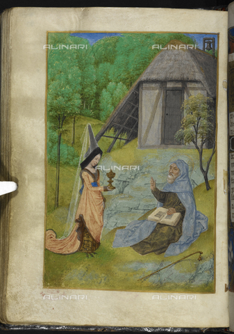 BLB-S-38126F-133V - The temptation of Saint Anthony: the Saint refuses to be tempted by the woman who gives him a pyx, miniature from "Book of Hours" (Huth Hours), Flemish or French art of the XV, Add. 38126, f.133v, British Library, London - The British Library Board/Alinari Archives, Florence