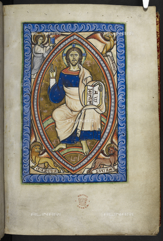 BLB-S-AXXIIF-014R - Christ in glory with the symbols of the four evangelists, miniature from the Westminster Psalter (ca. 1200), British Library, London - The British Library Board/Alinari Archives, Florence