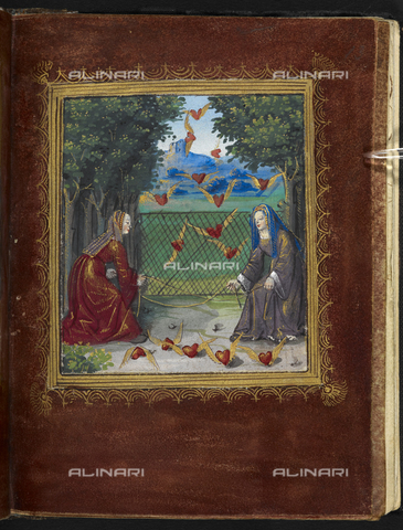 BLB-S-MS955F-013R - Love poem dedicated by Pierre Sala to Marguerite Builloud: the capture of flying hearts, miniature taken from a passage from the 'Livre du cueur d'amours espris' by Renè I of Anjou, Art of 16th century, Stowe 955, f .13, British Library, London - The British Library Board/Alinari Archives, Florence