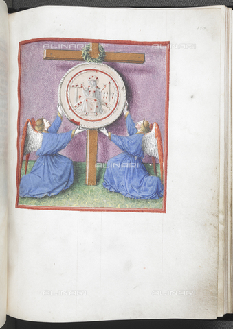 BLB-S-S1070F-110R - Image of Christ with the symbols of the Passion depicted inside a Host supported by two kneeling angels. The host is placed against the cross with crown of thorns, miniature from the "Book of Hours" by Renè d'Angiò, Master of Renè dì'Angiò, Egerton 1070, f.110, British Library, London - The British Library Board/Alinari Archives, Florence