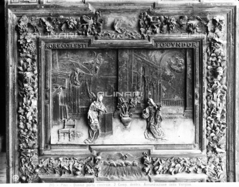 CGA-F-000215-0000 - Cathedral of Pisa: Detail of the bronze main door depicting the Annunciation. - Date of photography: 1890-1900 ca. - Alinari Archives, Florence