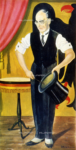 EVA-S-001011-5613 - Un mago teatrale si prepara ad eseguire un trucco con un cappello a cilindro e una bacchetta magica, illustrazione a stampa di Willibald Krain, 1915 ca. - © Mary Evans / Archivi Alinari