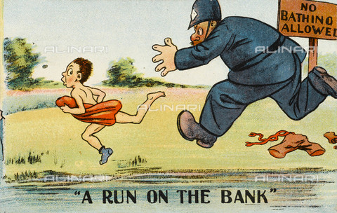 EVA-S-001029-6796 - "A Run on the Bank": un poliziotto insegue un ragazzo che ha violato l'avviso di non fare il bagno; cartolina umoristica - Grenville Collins Postcard Collection / © Mary Evans / Archivi Alinari