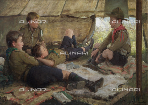 EVA-S-001052-9313 - "Ripping Yarn": un gruppo di boy scout in tenda, olio su tela, Carlos Ernest Stafford  (1883-1917) - The Scout Association / © Mary Evans / Archivi Alinari