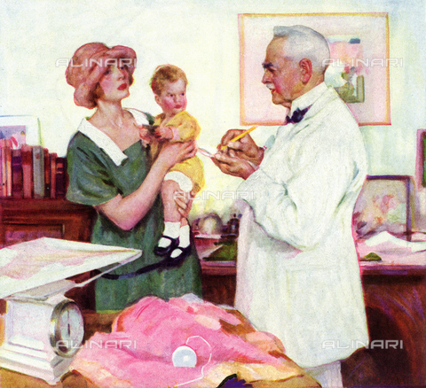 EVA-S-001200-8382 - Madre con bambino durante la visita dal pediatra, illustrazione a stampa tratta da "Womans Home Companion", ottobre 1923 - Peter & Dawn Cope Collection / © Mary Evans / Archivi Alinari