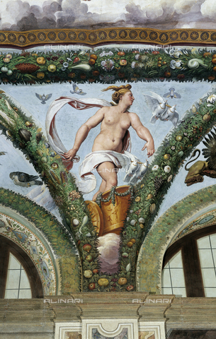 FCP-S-FAR000-0041 - Venere si reca da Giove sul cocchio; affresco di Raffaello (1483-1520) e bottega; lato sud, terzo pennacchio da est della volta (1518), Loggia di Amore e Psiche, piano terreno, Villa della Farnesina a Roma - Data dello scatto: 2003 - Franco Cosimo Panini Editore © su licenza Fratelli Alinari