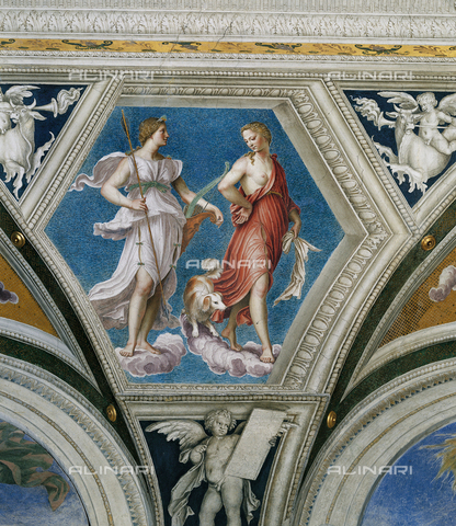 FCP-S-FAR000-0161 - Diana cacciatrice ed Erigone, segno zodiacale Luna in Vergine, affresco, Baldassarre Peruzzi (1481-1536), esagono, lato ovest della volta, Loggia di Galatea, piano terreno, Villa la Farnesina, Roma - Data dello scatto: 2003 - Franco Cosimo Panini Editore © su licenza Fratelli Alinari