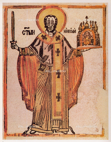 FIA-F-048230-0000 - St. Nicholas, woodcut Lubok, Unknown of 18th century, Hermitage Museum, St. Petersburg - Fine Art Images/Alinari Archives, Firenze