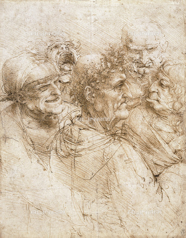 FIA-F-049973-0000 - Studio di cinque teste grottesche, penna e inchiostro su carta, Leonardo da Vinci (1452-1519), Royal Collection, Londra - Fine Art Images/Archivi Alinari, Firenze