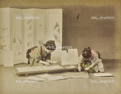 FVQ-F-040245-0000 - Two young Japanese women in traditional costume during the processing of silkworms - Date of photography: 1885-1895 - Alinari Archives, Florence
