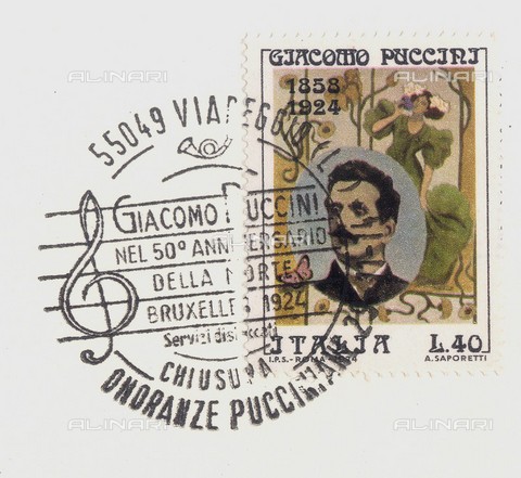 GBB-F-009344-0000 - Timbro postale e francobollo del 1974 dedicato al compositore Giacomo Puccini (1858-1924) - © ARCHIVIO GBB / Archivi Alinari