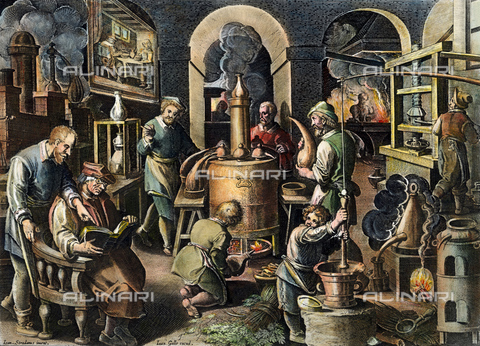 GRC-F-007005-0000 - Laboratorio dell'alchimista, incisione a colori di Jan Galle (1600-1676) da Giovanni Stradano (1523-1605) - Granger, NYC /Archivi Alinari