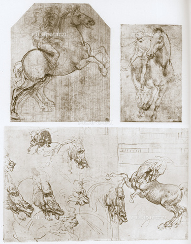 HIP-S-000115-4988 - Three studies of knights for the Adoration of the Magi, drawings by Leonardo da Vinci (1452-1519) preserved respectively in the Captain Colville collection in London, in the John Nicholas Brown collection in Rhode Island and at the Royal Library of Windsor Castle - Art Media / Heritage Images /Alinari Archives, Florence