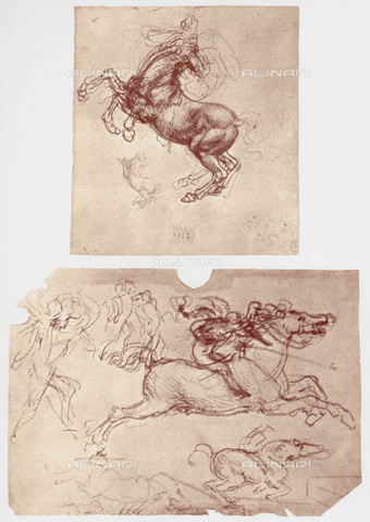 HIP-S-000115-4989 - Horses and infantrymen, drawings, Leonardo da Vinci (1452-1519), preserved in the Royal Library of Windsor Castle - Art Media / Heritage Images /Alinari Archives, Florence