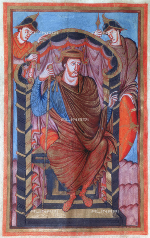 HIP-S-000115-6840 - Lotario (795-855) sitting on a throne flanked by two guards, miniature of Lotario's Evangeliary, Carolingian art, Bibliotheque Nationale de France, Paris - Ann Ronan Picture Library / Heritage Images /Alinari Archives, Florence