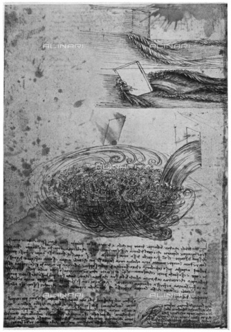 HIP-S-000232-0746 - Flow of eddies in a waterfall,, drawing by Leonardo da Vinci (1452-1519), preserved in the Royal Library of Windsor Castle, taken from "Leonardo da Vinci" by Ludwig H Heydenreich (London, 1954) - The Print Collector / Heritage Images /Alinari Archives, Florence