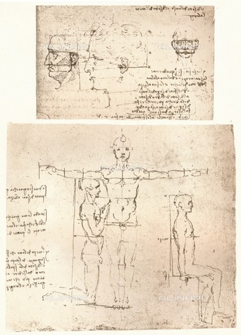 HIP-S-000262-2699 - Two drawings illustrating the theory of the proportions of the human figure (RL 19132r) by Leonardo da Vinci (1452-1519) and preserved in the Royal Library of Windsor Castle, from "The Literary Works of Leonardo Da Vinci" by Jean Paul Richter (London, 1883) - The Print Collector / Heritage Images /Alinari Archives, Florence