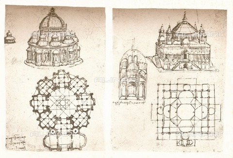 HIP-S-000262-2781 - Two drawings of churches, Leonardo da Vinci (1452-1519), drawing published in 'The Literary Works of Leonardo da Vinci Compiled and Edited from the Original Manuscripts' by Jean Paul Richter, vol. II, London 1883 - The Print Collector / Heritage Images /Alinari Archives, Florence