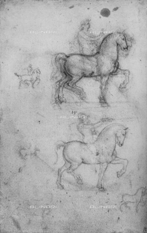 HIP-S-000264-7741 - Two Studies of Horses and Horsemen and Minor Studies of Horses, Leonardo da Vinci (1452-1519), drawing published in 'The Drawings of Leonardo', Reyna & Hitchcock Publishers, New York 1945 - The Print Collector / Heritage Images /Alinari Archives, Florence