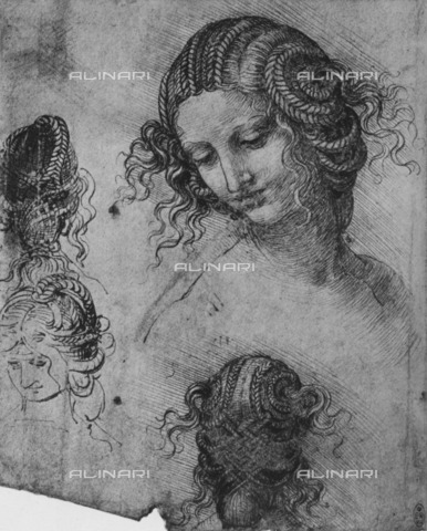 HIP-S-000264-7827 - Studies of female hairstyles, drawing, Leonardo da Vinci (1452-1519). The image is taken from the volume of A. E. Popham (New York 1945) - The Print Collector / Heritage Images /Alinari Archives, Florence