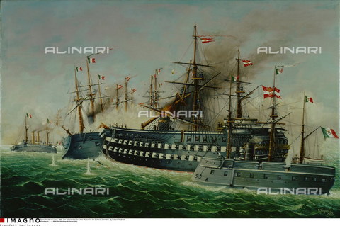 IMA-F-176355-0000 - La battaglia navale di Lissa 1866: il transatlantico austriaco Kaiser si scontra con l'incrociatore corazzato italiano Re di Portogallo, olio su tela, Eduard Nezbeda, Collezione privata - Austrian Archives (AA) / brandstaetter images /Archivi Alinari