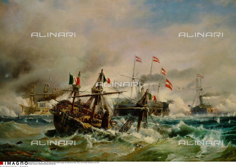 IMA-F-448934-0000 - La battaglia navale di Lissa del 20 luglio 1866 tra la Kriegsmarine, la Marina da Guerra dell'Impero austriaco e la Regia Marina del Regno d'Italia, olio su tela. Carl Frederik Sorensen (1818-1879), Heeresgeschichtliches Museum (museo di storia militare), Vienna - brandstaetter images /Archivi Alinari