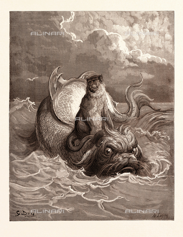 LCA-F-000448-0000 - La scimmia e il delfino, Gustave Dore (1832-1883), incisione per Favole di Jean de la Fontaine, 1870 - Liszt Collection/Archivi Alinari