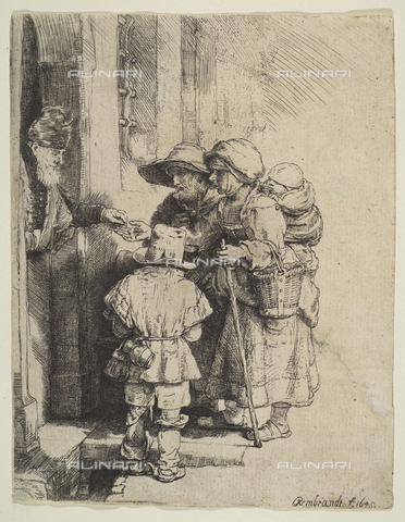 LCA-F-005301-0000 - Poveri ricevono l'elemosina a una porta di casa, incisione, Rembrandt Harmenszoon van Rijn (1606-1669) - Quint Lox Limited / Liszt Collection/Archivi Alinari