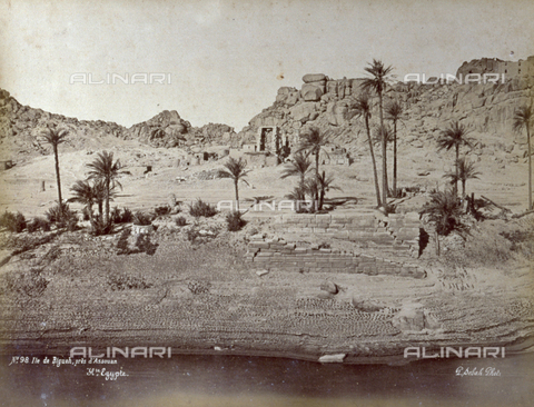 PDC-A-004574-0058 - A fascinating corner of the island of Biga in Egypt, bathed by the waters of the Nile. In the background, beyond small palm groves, the ruins of a ptolemaic temple can be seen - Date of photography: 1870-1878 ca. - Alinari Archives, Florence