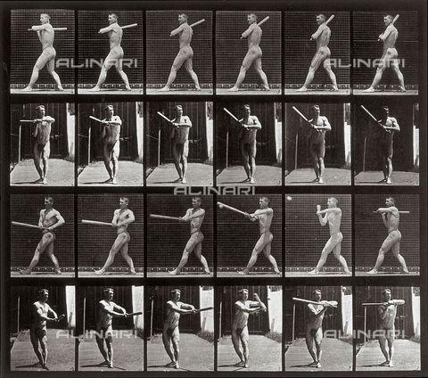 PDC-A-004694-0274 - "Animal Locomotion" (tav. 274): sequenza di uomo nudo con una mazza da baseball - Data dello scatto: 1887 - Archivi Alinari, Firenze