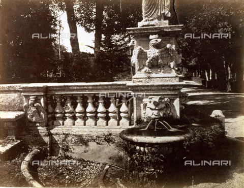 PDC-S-000461-0002 - In the foreground a marble balustrade which ends in a small fountain in which the water flows from a gargoyle applied to the base of a statue. The base is also decorated by an eagle in high relief. To the right in the background a tree-lined avenue and thick vegetation - Date of photography: 1870-1890 ca. - Alinari Archives, Florence