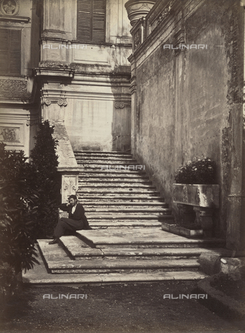 PDC-S-000461-0008 - A man sleeps on the steps of the Casino del Bel Respiro steps inside Villa Doria Pamphilj in Rome. On the right an ancient sarcophagus used as a planter - Date of photography: 1880 ca. - Alinari Archives, Florence