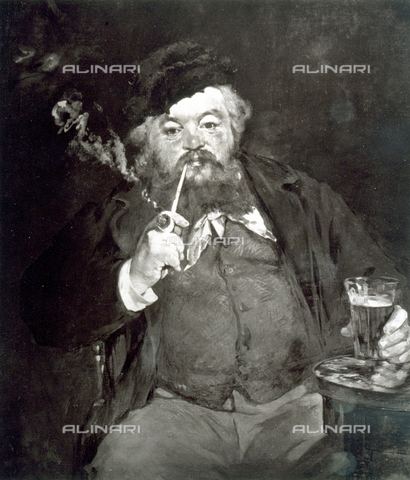 PDC-S-000864-0003 - The picture shows a painting by àdouard Manet titled 'Le Bon Bock', in which a man is portrayed sitting at the table of a cafe' smoking a pipe, while in his left hand he is holding a full glass of beer - Date of photography: 1870-1880 ca. - Alinari Archives, Florence