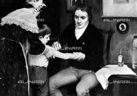 RVA-S-004877-0004 - Il medico Edward Jenner (1749-1823) effettua per la prima volta una vaccinazione contro il vaiolo su un bambino di 8 anni nel 1796, dipinto - Jacques Boyer / Roger-Viollet/Alinari