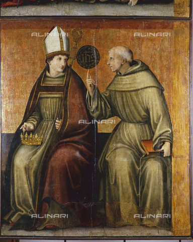 SEA-S-OR2000-0007 - San Ludovico di Tolosa e San Bernardino da Siena, pannello staccato del polittico delle Stigmate di San Francesco, tempera su tavola, Pietro Cavaro (att. 1508-1537), Museo Archeologico e Storico Artistico "Antiquarium Arborense", Oristano - Data dello scatto: 2000 - Archivi Alinari, Firenze